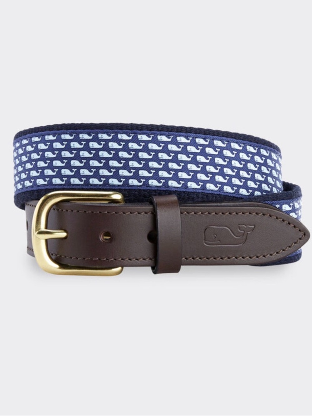 Vineyard Vines Blue Patterned Belt with Brown Leather Trim